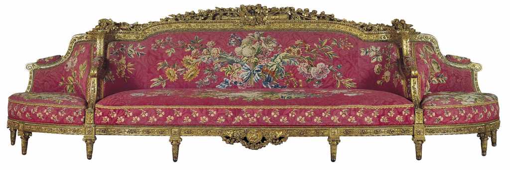 Jean-Nicolas Blanchard, Barthélémy Mamés Rascalon, “Canapé com assentos de canto”, 1784. Nogueira e faia douradas e folha de ouro; tapeçaria dos Gobelins. Coleção do Fundador