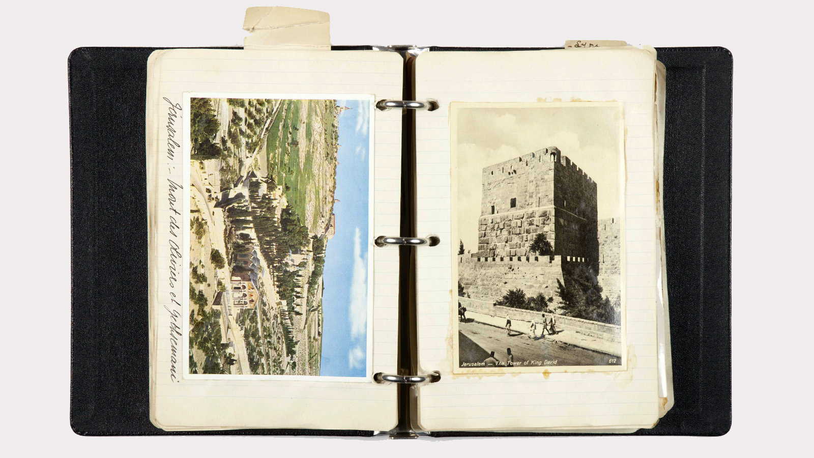Postais com vista do jardim de Getsémani e Monte das Oliveiras, e a Torre de David. Diário de viagem de Calouste Gulbenkian, 1934. Arquivos Gulbenkian I04-055.