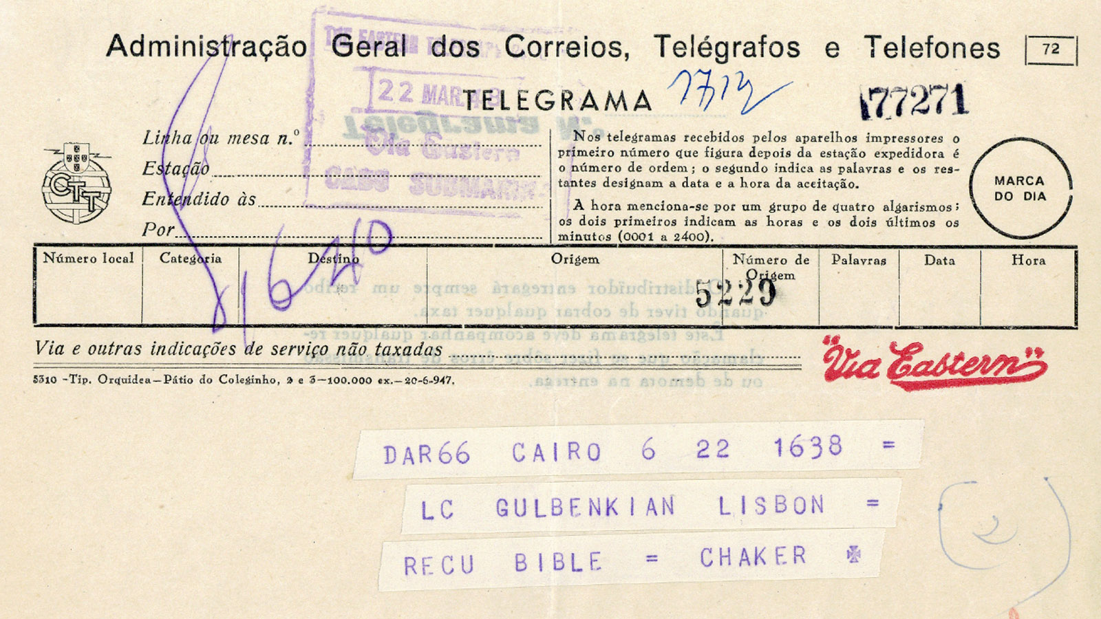 Telegrama de Janig H. Chaker para Calouste Gulbenkian confirmando a chegada do livro de evangelhos ao Egito. Cairo, 1948. Arquivos Gulbenkian PRS 01487.