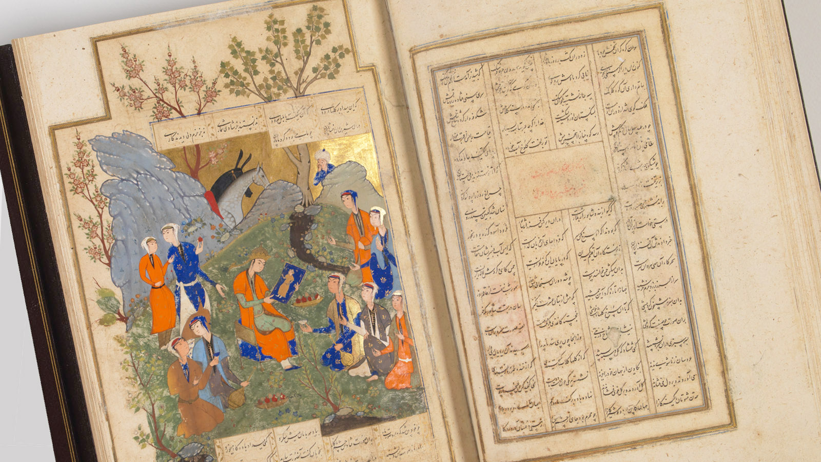 «Khamsa» (Cinco Poemas) de Nizami. Irão, Chiraz, c. 1591. Guache, tinta e ouro sobre papel, fols. 42v-43r. Museu Calouste Gulbenkian
