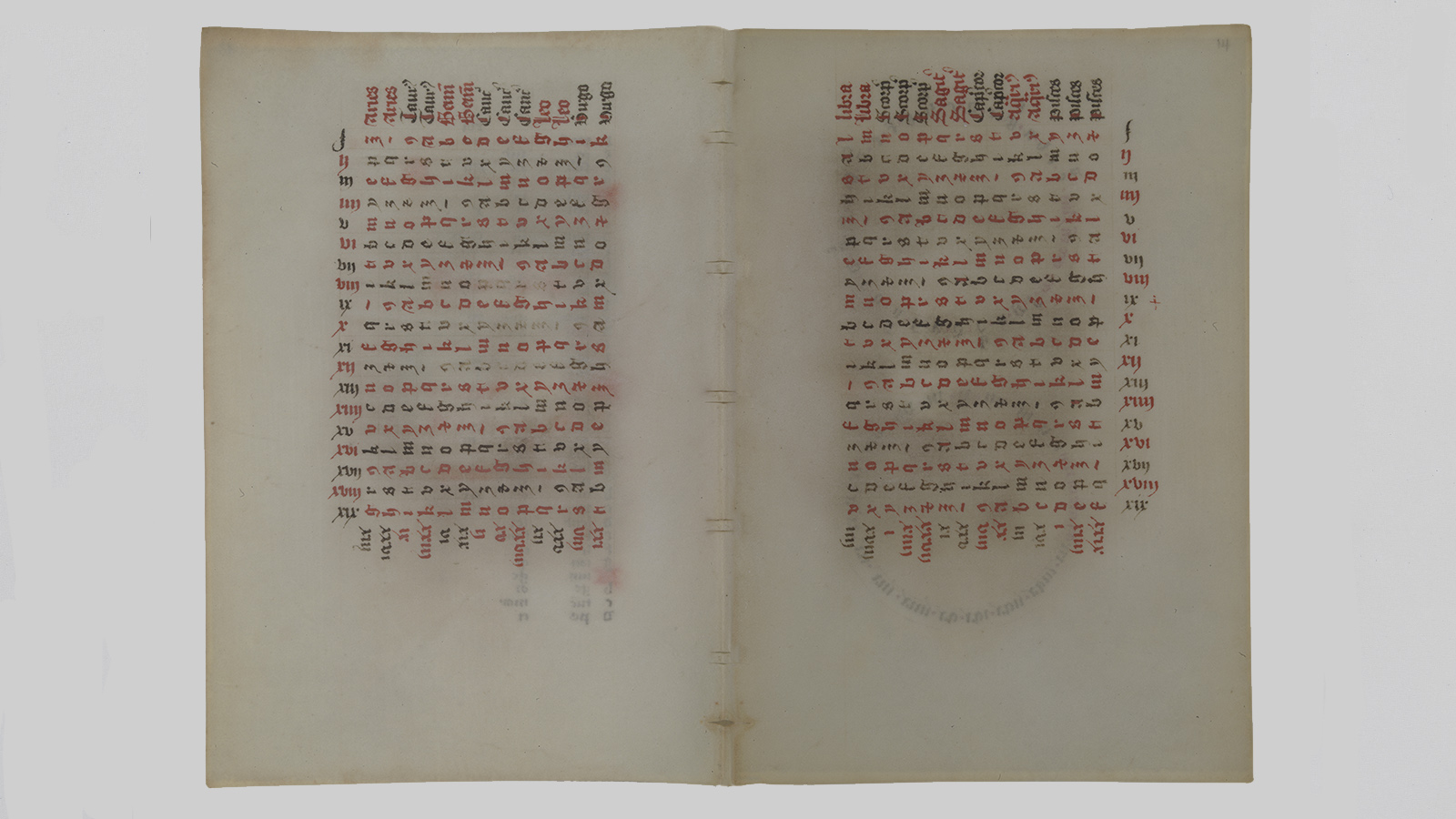 Fig. 5 - Livro de Horas. Pinturas de Mestres das Grisalhas de Delft. Delft, 1443. Manuscrito sobre pergaminho. Museu Calouste Gulbenkian. Na imagem: Tábuas para o cálculo de acontecimentos litúrgicos, fols. 13v-14r