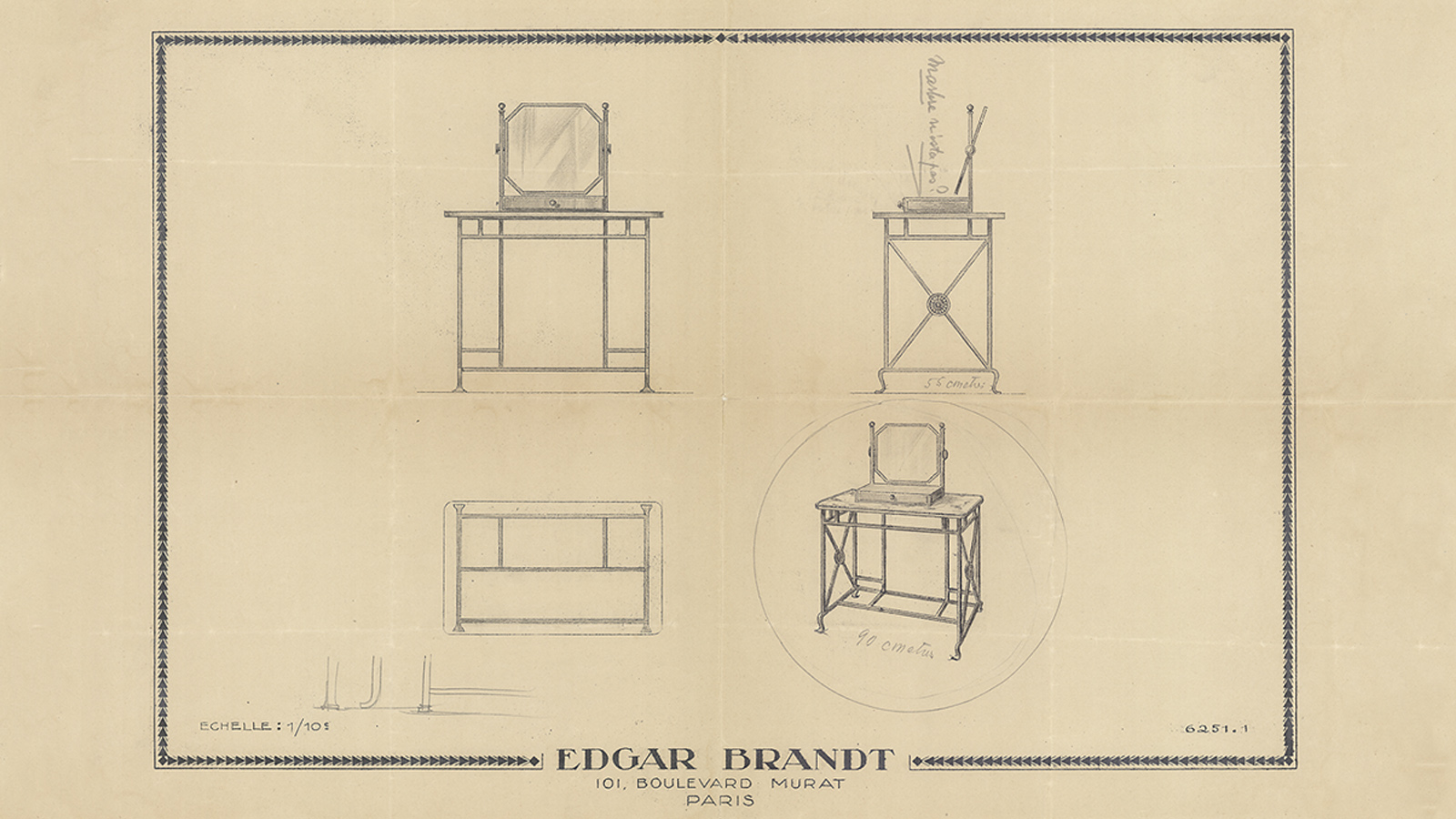 Nevarte participou ativamente na decoração dos seus aposentos no hôtel particulier adquirido em 1922 pelo marido, o 51 avenue d’Iéna. Desenho de projeto de Edgar Brandt para toucador de Nevarte Gulbenkian. Arquivos Gulbenkian, GV A1 00062.