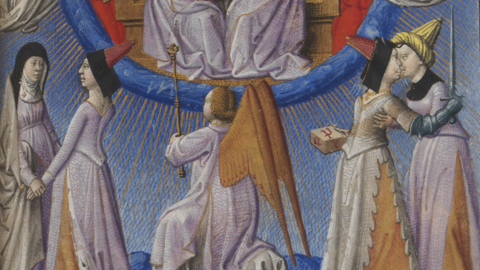 «Julgamento no Paraíso» e «Anunciação», fol. 13r. Livro de Horas de René II, Duque da Lorena. Iluminador: Mestre François. Museu Calouste Gulbenkian