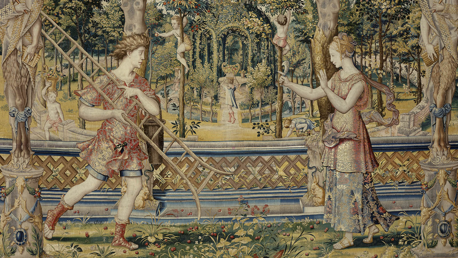 Tapeçaria «Vertumno e Pomona», segundo cartões atribuídos a Pieter Coecke van Aelst. Bruxelas, 1548-1575. Lã, seda, ouro e prata. Museu Calouste Gulbenkian