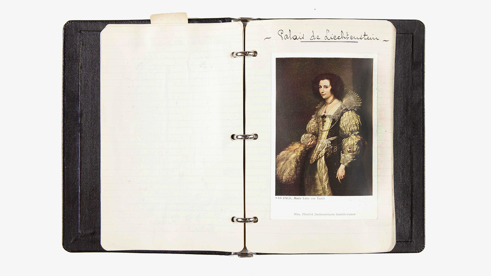 Página do diário de viagem de Calouste Gulbenkian com o «Retrato de Marie de Tassis», de Anthony Van Dyck. Diário de viagem de Calouste Gulbenkian, 1933. Arquivos Gulbenkian, PT FCG CSGP-S046-D600074