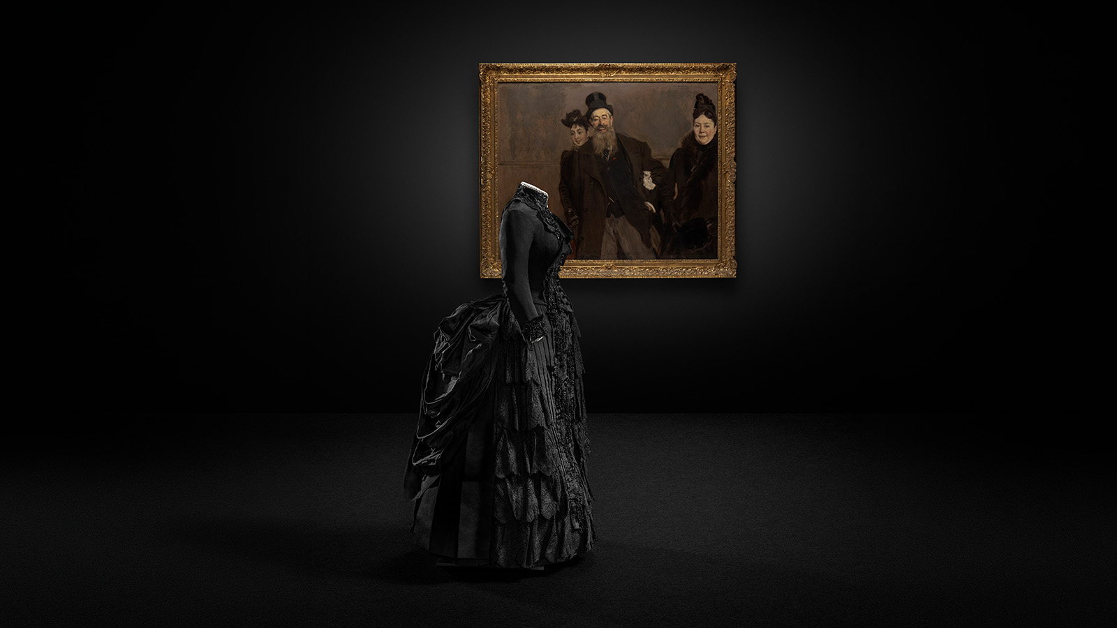 Clara Hernández y Cia. Vestido de cerimonia Espanha, c. 1866 Faille e cetim de seda, renda em algodão e missangas em pasta de vidro Colección de Indumentaria Histórica Francisco Zambrana, Málaga FMSZ-0566A/0566B Giovanni Boldini O Pintor Brown e a Família França, 1890 Óleo sobre tela Museu Calouste Gulbenkian, inv. 58 Fundação Calouste Gulbenkian. Foto: © Jon Cazenave