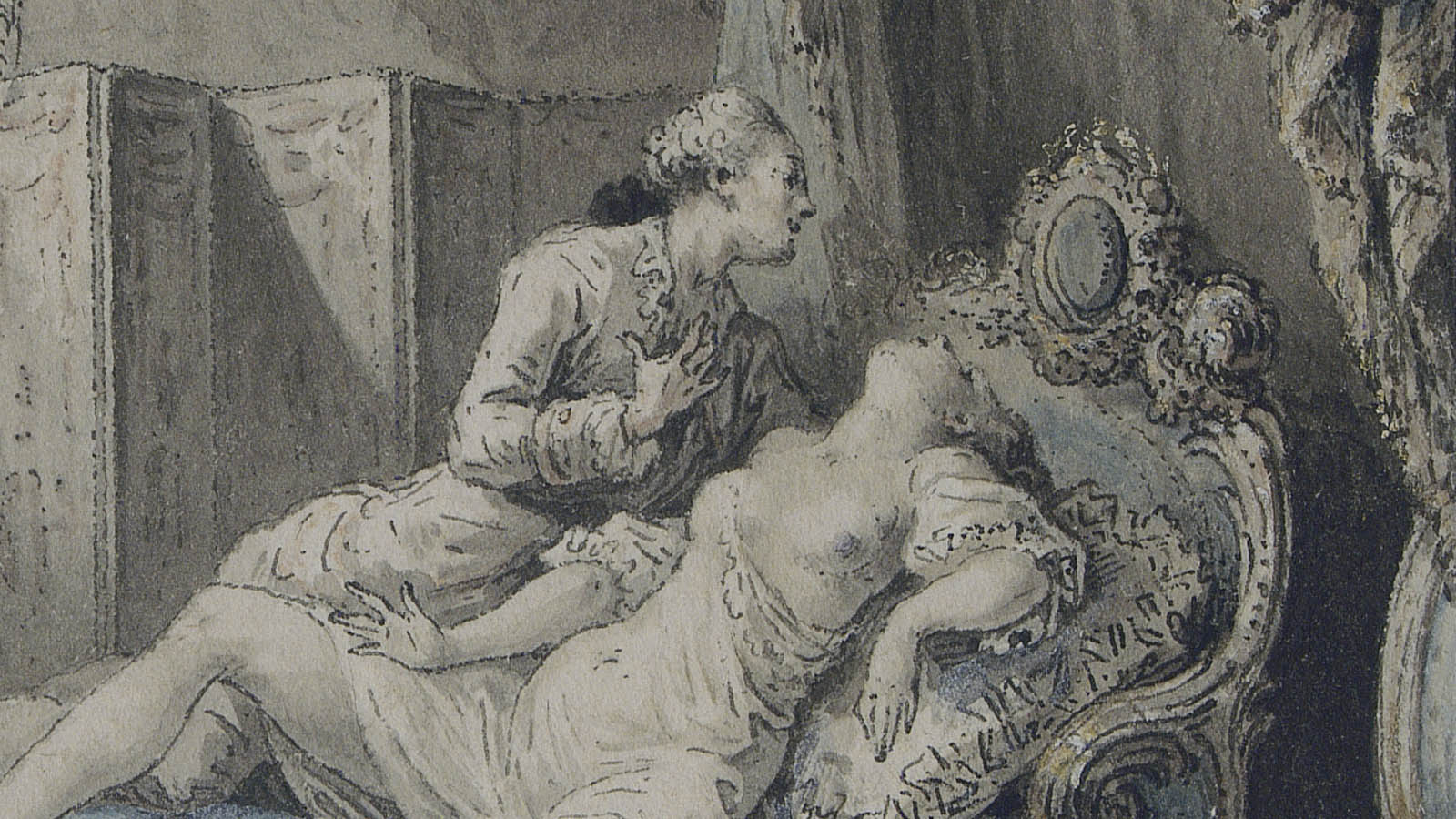 Antoine-Jean Duclos, «Cena Galante. O Delírio» (pormenor). França, segunda metade do século XVIII. Pena e tinta-da-china com aguadas sobre papel. Museu Calouste Gulbenkian, inv. 2226.