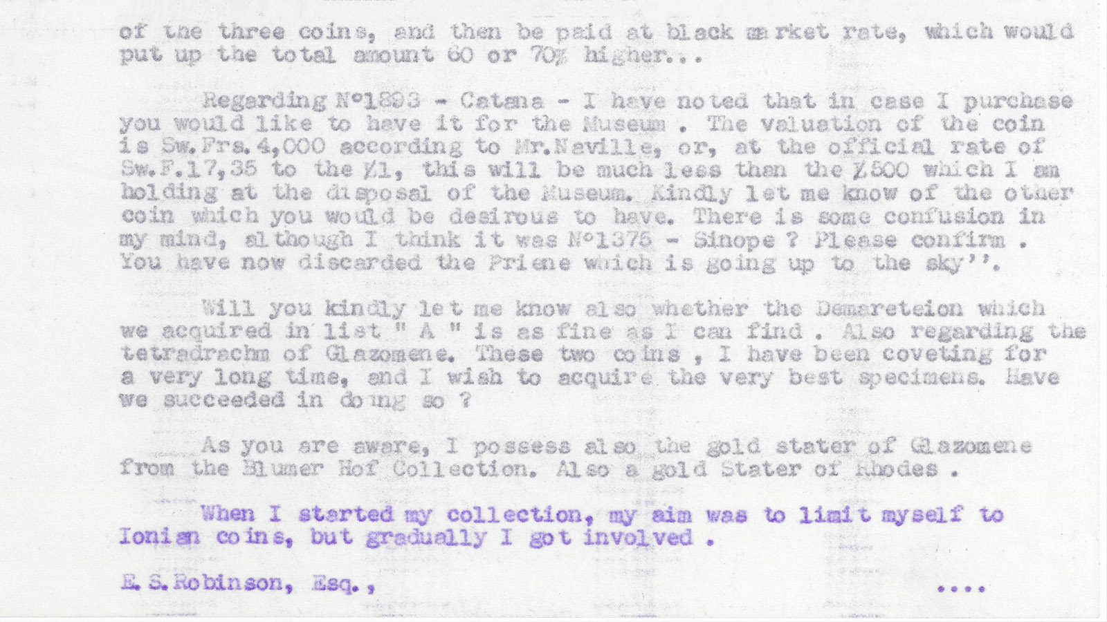 Correspondência de Calouste Gulbenkian para Dr. E. S. G. Robinson datada de 9 de dezembro de 1946.