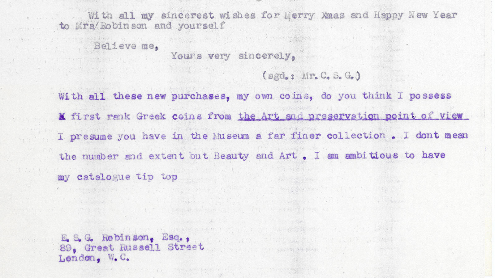 Correspondência de Calouste Gulbenkian para Dr. E. S. G. Robinson datada de 20 de dezembro de 1946 ©Arquivos Gulbenkian