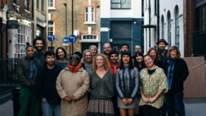 Group smiling in the street