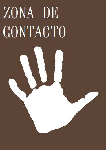 Capa com fundo castanho, o título "Zona de Contacto" no canto superior esquerdo e a palma de uma mão a branco no centro da imagem