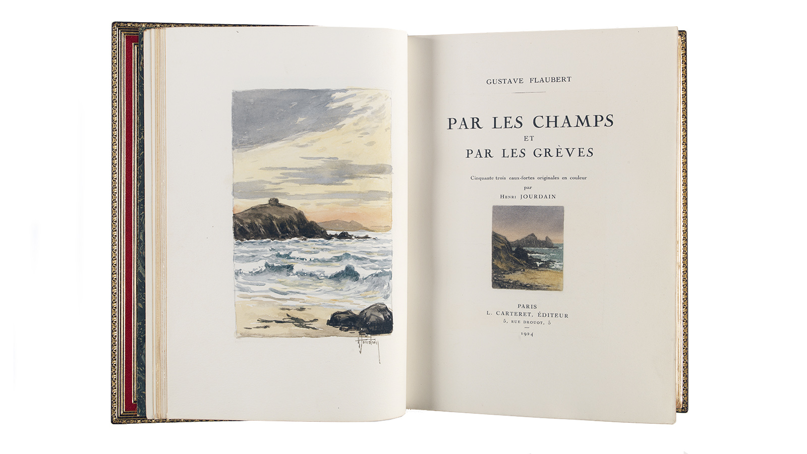 Gustave Flaubert, «Par les Champs et par les Grèves» (pormenor). Paris: L. Carteret, Éditeur, 1924. Impresso sobre papel; ilustrado com aguarelas originais e gravuras a água-forte de Henri Jourdain. Exemplar único, impresso para o comprador dos desenhos originais. Museu Calouste Gulbenkian