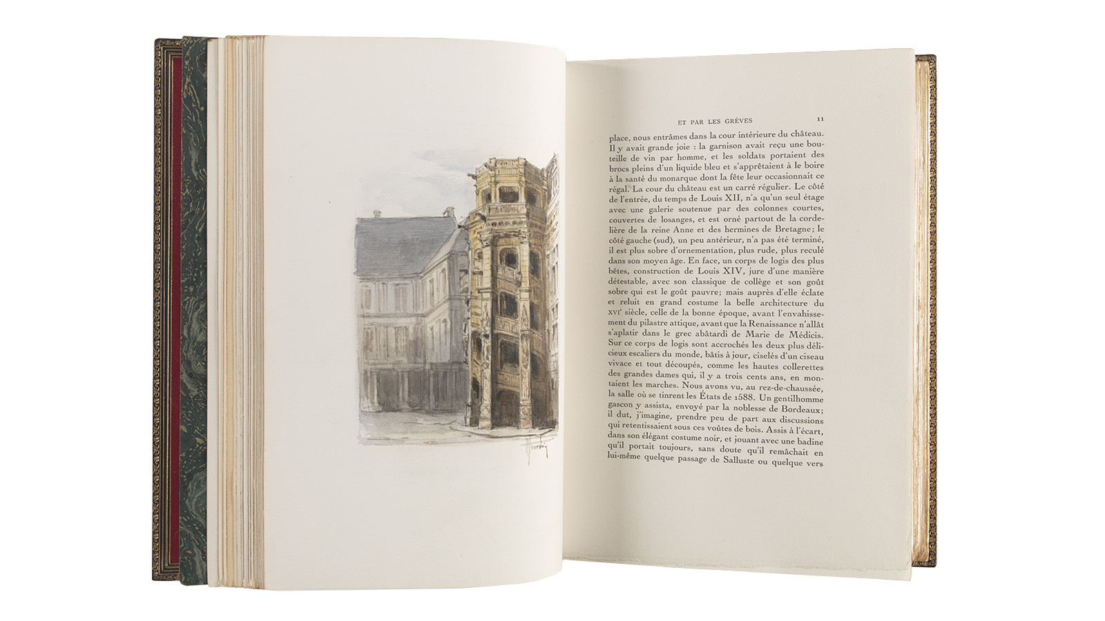 Gustave Flaubert, «Par les Champs et par les Grèves» (pormenor). Paris: L. Carteret, Éditeur, 1924. Impresso sobre papel; ilustrado com aguarelas originais e gravuras a água-forte de Henri Jourdain. Exemplar único, impresso para o comprador dos desenhos originais. Museu Calouste Gulbenkian