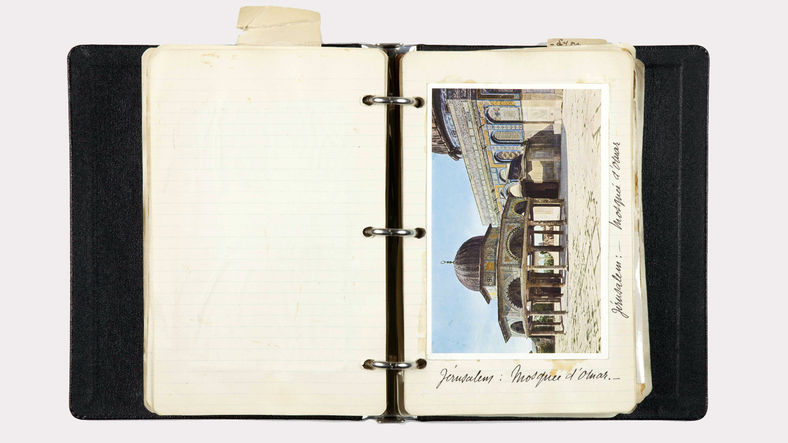 Postcards featuring the Colossi of Memnon (Egypt) and a view of Jerusalem. Travel diary of Calouste Gulbenkian, 1934.