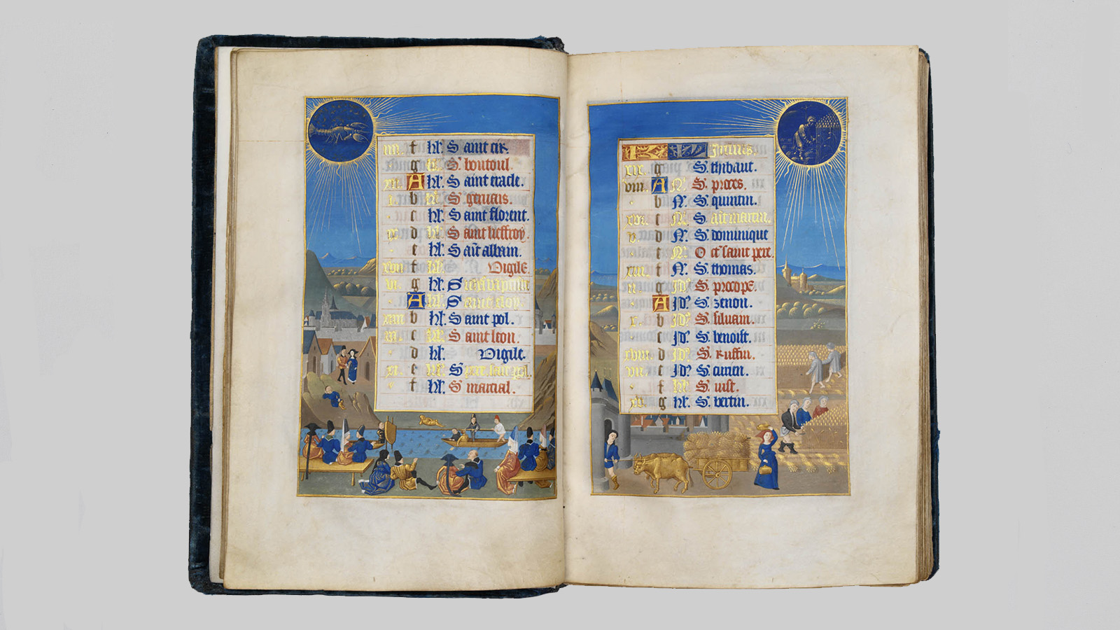 Fig. 4 – Book of Hours. Paintings by two followers of the Master of Adelaide of Savoy, by an illuminator of the circle of the Master of Jouvenel and by an artist from Tours in the style of Jean Fouquet. Poitiers and/or Tours?, c. 1460-70. Manuscript on parchment. Image: Calendar (Jousting on river, represented in the border), fol. 6v; Calendar (Harvest, represented in the border), fol. 7r. Calouste Gulbenkian Museum.