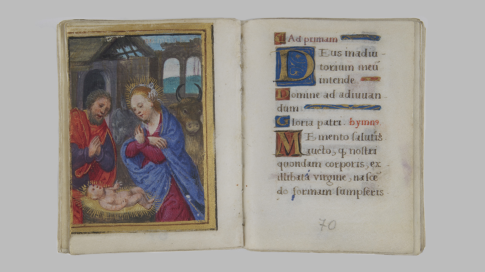 Fig. 10 – Book of Hours. Paintings by Noël Bellemare. France, c. 1520. Manuscript on parchment: Nativity, fol. 69v; Beginning of Prime (brief prayer in the morning) included in the Office of the Blessed Virgin Mary, for the use of Rome, fol. 70r. Calouste Gulbenkian Museum.