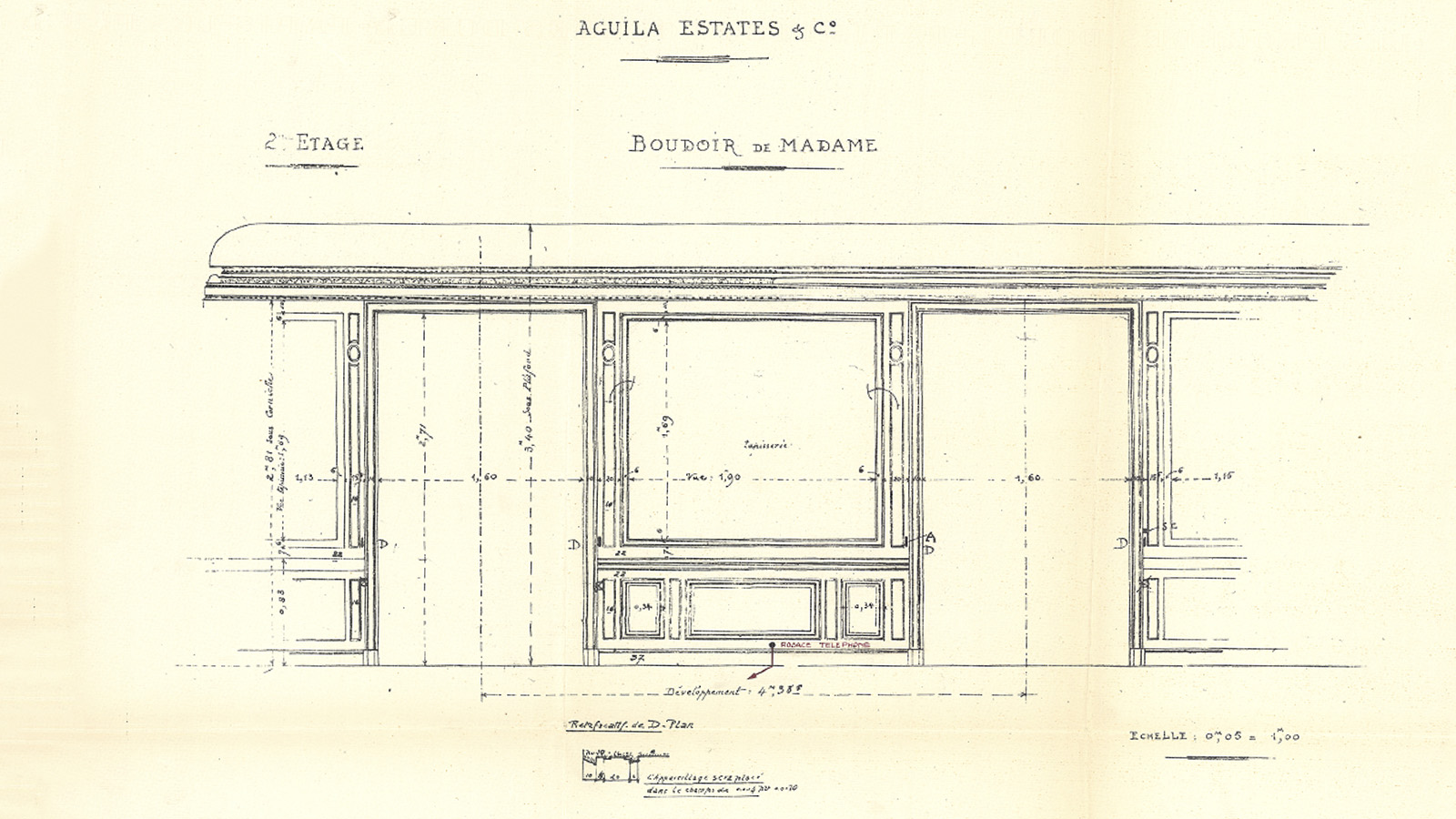 Projeto para «boudoir» de Nevarte Gulbenkian, 1924-1927. O «boudoir», ou sala de estar, de Nevarte foi especialmente projetado para receber um conjunto de tapeçarias da coleção do marido. Arquivos Gulbenkian, GV DIV 00502.