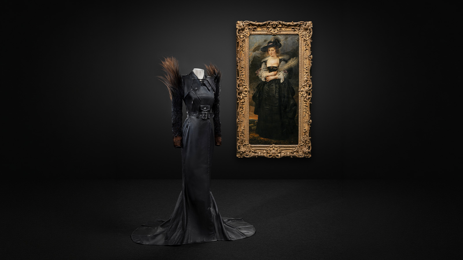 Jean Paul Gaultier Oiseaux du Paradis dress and bolero Haute couture Fall/Winter 1998/99 Leather and pheasant feathers MUDE, Lisbon MUDE/Coleção Francisco Capelo/MUDE.M.0305 Peter Paul Rubens Portrait of Helena Fourment Flanders, c. 1630–32 Oil on wood Calouste Gulbenkian Museum, inv. 959 Calouste Gulbenkian Foundation. Photo: © Jon Cazenave