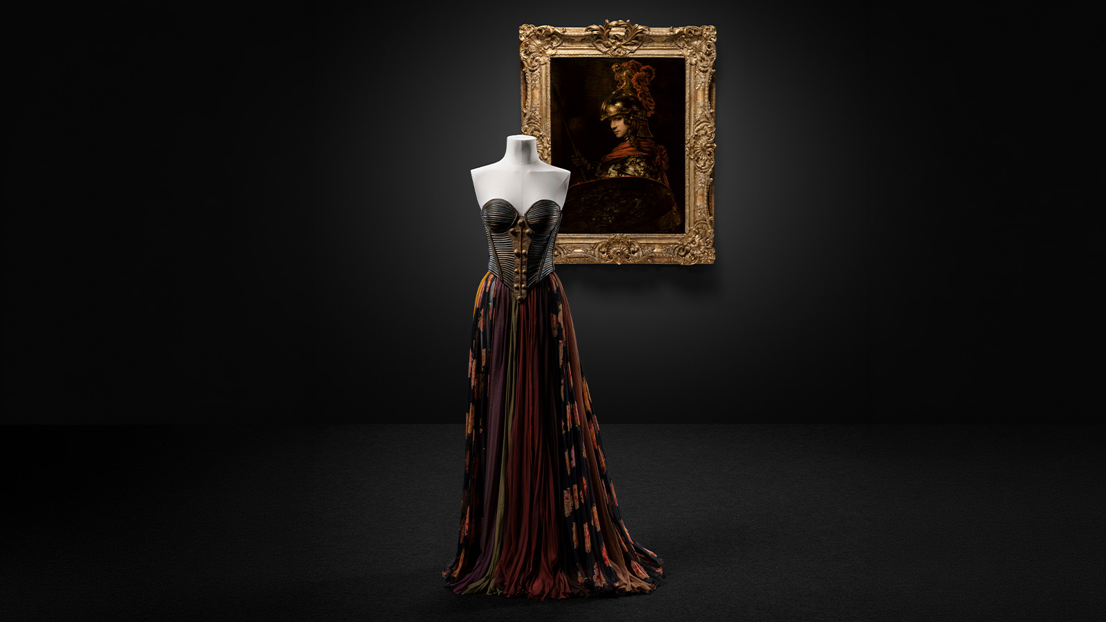 Christian Lacroix Corpete e saia Kiss me Dogon Haute couture outono/inverno 1992/1993 Pele, seda, metal e chiffon de seda estampado MUDE, Lisboa MUDE/Coleção Francisco Capelo/MUDE.M.0198 Rembrandt Harmenszoon van Rijn e aluno Palas Atena Holanda, c. 1657 Óleo sobre tela Museu Calouste Gulbenkian, inv. 1488 Fundação Calouste Gulbenkian. Foto: © Jon Cazenave